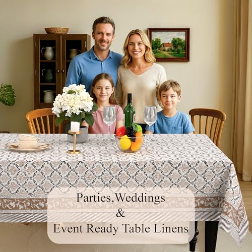 Sandstone Regal Cotton Tablecloth 80x120 Inch Indian Block Print Rectangular Cover - Wedding & Holiday Decor