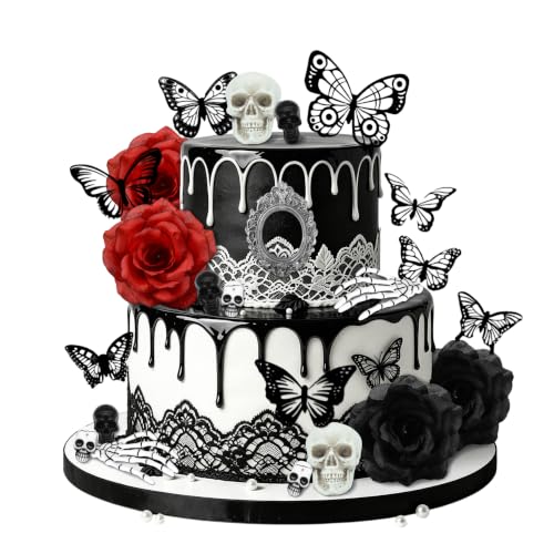 Gothic Cake Decorations Set - Skull, Butterfly & Rose Toppers for Halloween & Dark-Themed Cakes