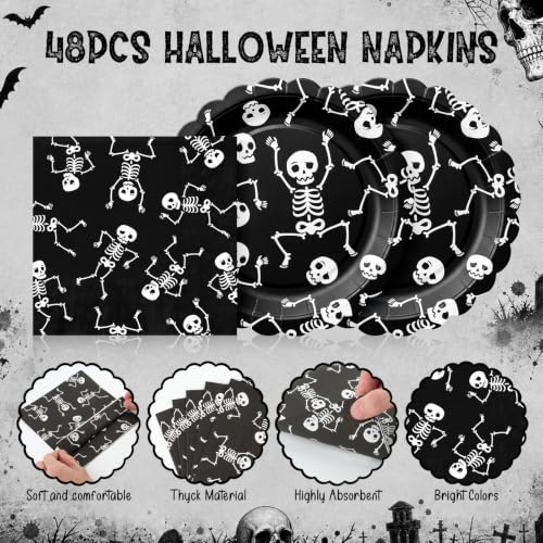 Halloween Skeleton Plates and Napkins Set - Black for 48 Guests
