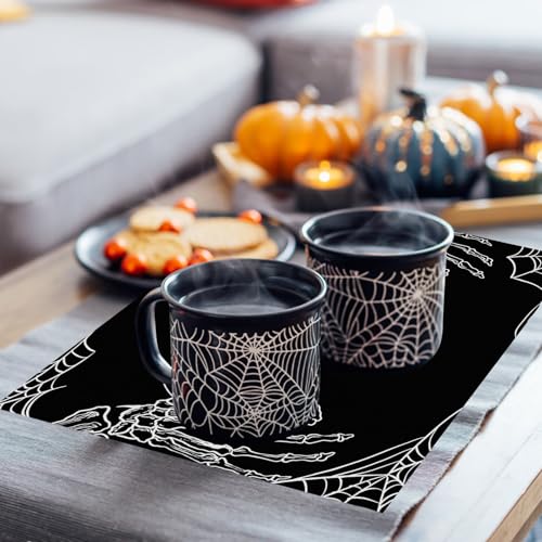 Halloween Skeleton Spider Placemats Set of 4 - Black Table Decor for Parties & Kitchen