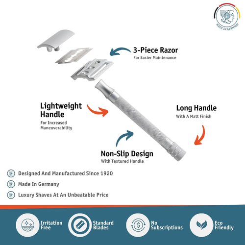 MERKUR 22C Double Edge Safety Razor - Matte Chrome Finish | Long Knurled Brass Handle | Eco-Friendly Design