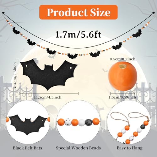Halloween Bat Garland 5.6 Ft Wooden Beads & Felt Bats Rustic Decor