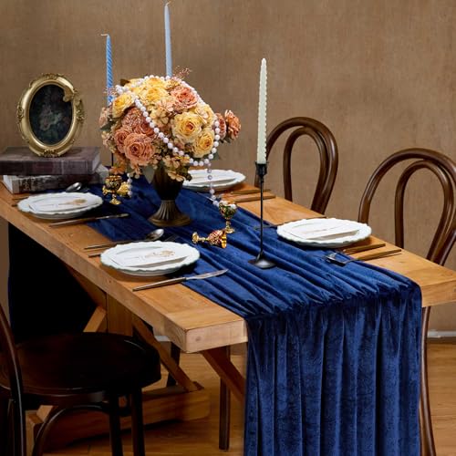 Navy Blue Velvet Table Runner Set - 4 Pieces 20x120 Inches Luxury Decor