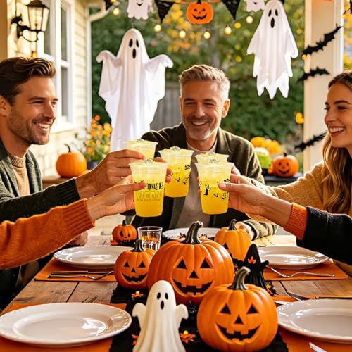 Summer Halloween Ghost Plastic Cups - 50 Pack, 16 oz, Disposable Party Drinkware