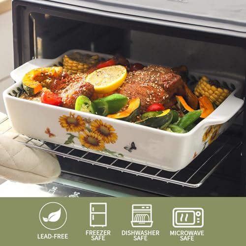 Sunflower Ceramic Baking Casserole Dish Set with Handles, Large 2-Piece Oven Bakeware