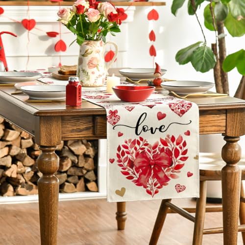 Valentine's Heart-Shaped Floral Table Runner 13x108 Inch for Wedding & Home Decor