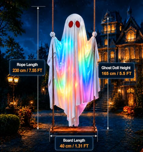 Large Outdoor Hanging Ghost Decoration - 5.5Ft Swing Ghost with Rainbow Lights