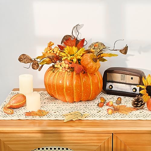 Orange Fall Decor Pumpkin Set - 2 Faux Pumpkins with Lights & Leaves