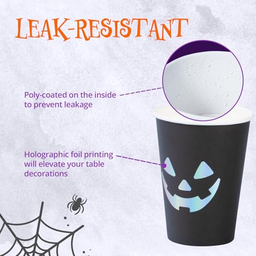 Halloween Disposable Paper Cups - Jack O' Lantern, Black & Silver, 12 oz, Bulk 50 Pack