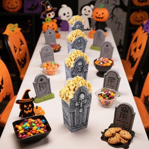 Halloween Tombstone Popcorn Boxes - 24 Black Cardboard Party Favor Containers