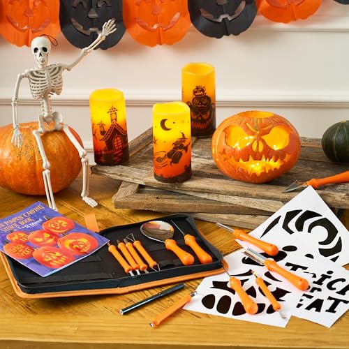 Halloween Pumpkin Carving Kit with Stencils & LED Lights - Classic Set with Accessories