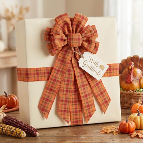 Large Fall Wreath Bow - 20 Inch Orange Plaid Burlap for Front Door & Holiday Decor