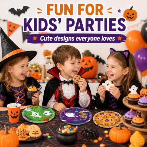 48Pcs Halloween Paper Plates 7 Inch with Ghost Pumpkin Skeleton Designs - Fall Party Tableware - Halloween Variation