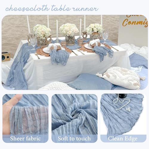 Dusty Blue Cheesecloth Table Runner 35x120 Inch Set of 6 - Rustic Boho Summer Wedding Decor