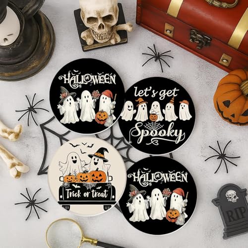 Halloween Ghost Pumpkin Ceramic Drink Coasters Set of 6 with Cork Bottom & Metal Holder - Fall Decor