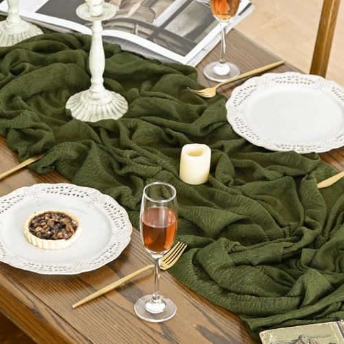 120-Inch 6-Piece Boho Cheesecloth Gauze Table Runner Set - Olive Green Wedding & Holiday Decor