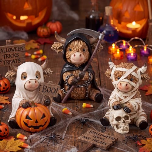 Halloween Highland Cow Figurines Set - Mummy Reaper Ghost Decor - Variation of THIS Listing
