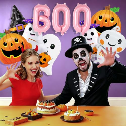Halloween Foil Balloons Set with Ghost Pumpkin Witch Hat Pink Boo Decorations