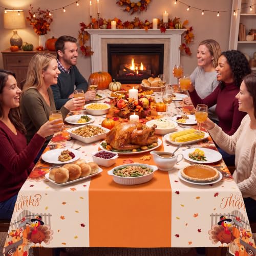 Thanksgiving Plastic Table Cover Roll - 54x300 Feet with Slide Cutter, Pumpkin & Turkey Design, Disposable Harvest Party Tablecloth