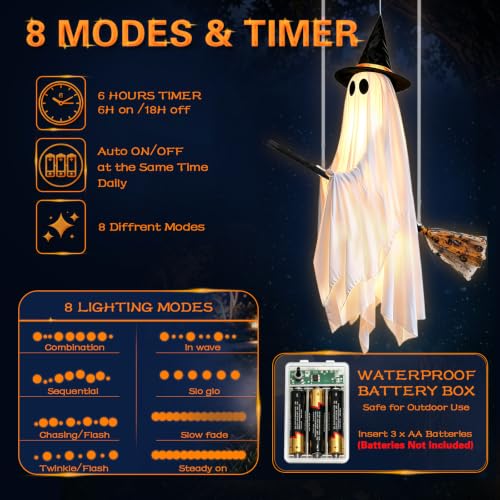 Halloween Ghost Decoration with Witch Hat and Detachable Broom - Outdoor Spooky Yard Decor