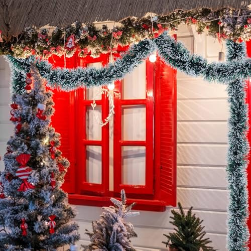 Dark Green 50FT Christmas Tinsel Garland Snow Flocked Artificial Greenery for Holiday Decor