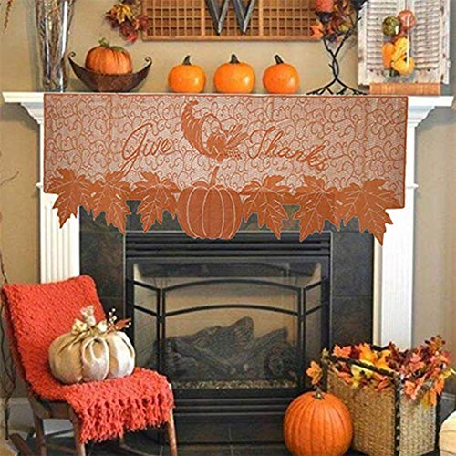 Thanksgiving Fireplace Scarf 20x60 Inch Pumpkin & Leaf Lace Table Runner - Fall Decor