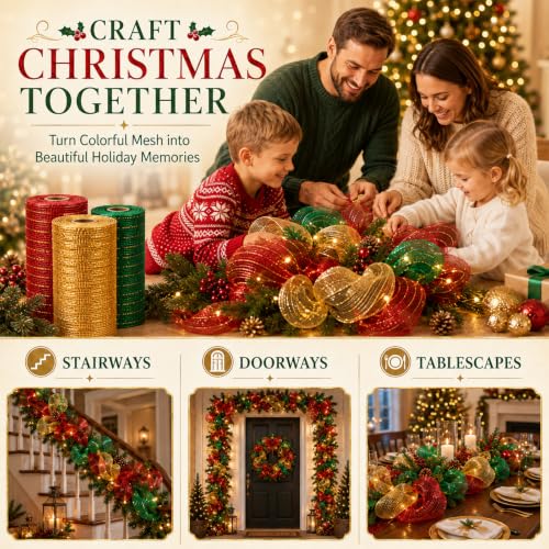 Christmas Mesh Ribbon Rolls - 8 Pack, 10 Inch x 30 Feet, Holiday Wreath Decoration - Variation: Christmas