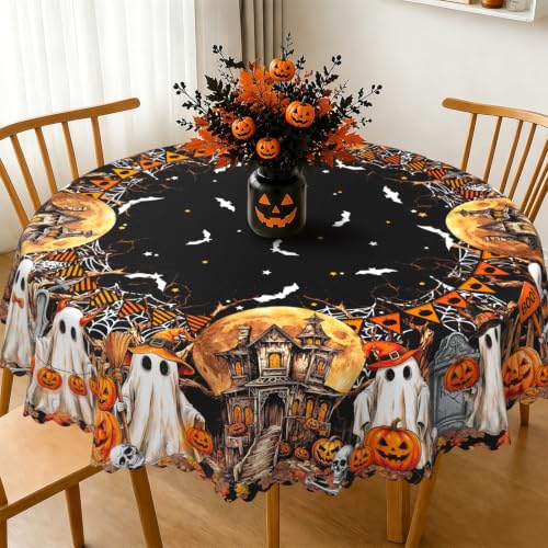 Round Halloween Tablecloth 70x70 Inch Ghost Bat Pumpkin Castle Party Decor Variation: Ghost / 70"