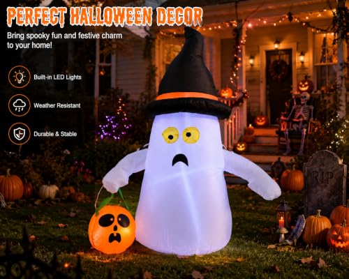 4FT Inflatable Ghost with Pumpkin Lantern LED Outdoor Halloween Yard Decor
