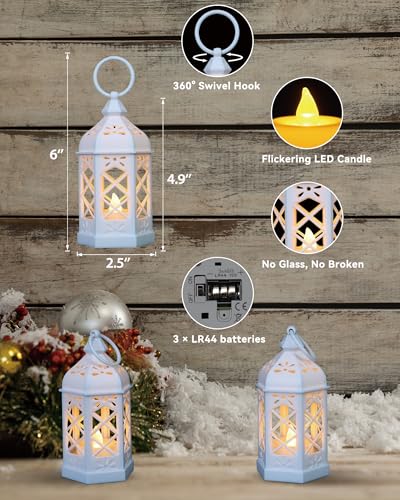 White Mini Moroccan Lanterns 12-Pack with Flickering LED Candles - Shatterproof Table & Hanging Decor for Ramadan Weddings Events