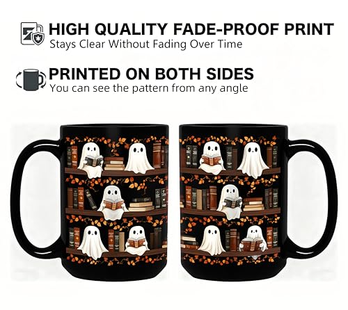 15oz Halloween Ghost Reading Coffee Mug, Bookshelf Tea Cup - Black