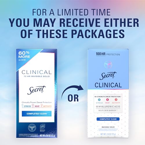 Secret Clinical Strength Antiperspirant Deodorant for Women, 100hr Sweat & Odor Protection, 3X Stress Protection with Hyaluronic Acid, Invisible Solid, Completely Clean Scent, 2.6 oz (Pack of 2)