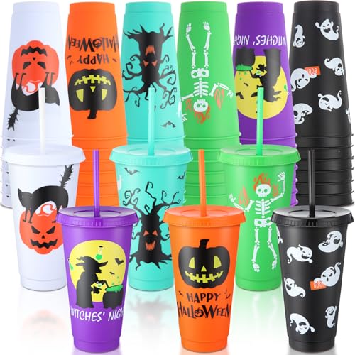 Halloween Plastic Cups with Lids & Straws - Ghost Style, 24 Oz, 36 Pack