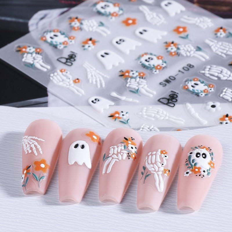Halloween Nail Stickers 3D Self-Adhesive Ghost Skeleton Pumpkin Black Cat Spider Web White6