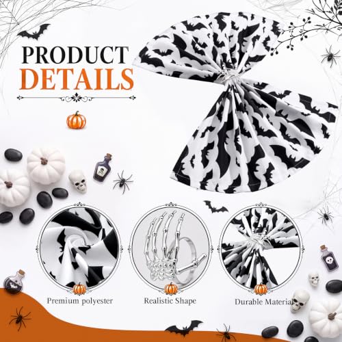Halloween Cloth Napkins & Skeleton Claw Napkin Rings Set - Spider Web Black & White Variation