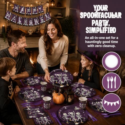 Halloween Disposable Tableware Set for Parties - Plates Napkins Cutlery Banner, Serves 10