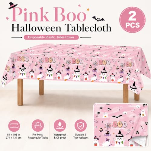 Pink Boo Halloween Plastic Tablecloth - 2PCS Rectangular Disposable Spooky Party Cover - Pink, Ghosts & Bats - 108x54 Inches - Halloween Variation