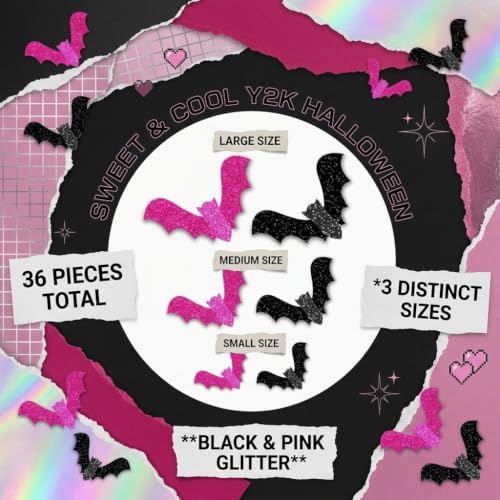 Halloween Glitter Bat Wall Decals Set - 36pcs Pink & Black Party Decorations