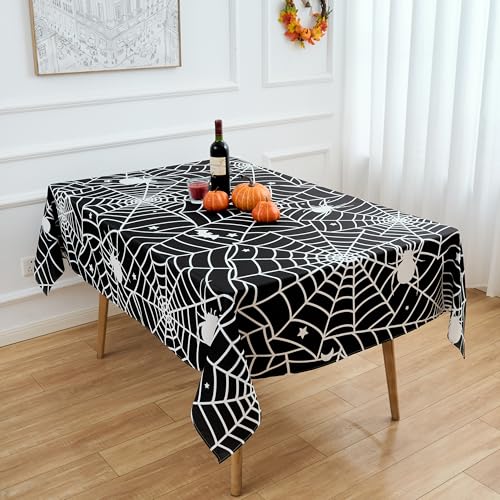 V63 Spider Web Halloween Tablecloth 52x70 Inch Rectangular Black Polyester Waterproof Decor