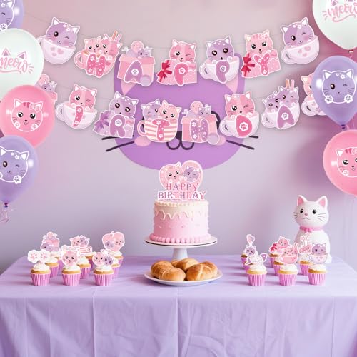 Cat Birthday Party Decorations Set with Banner, Cake Toppers, Balloons & Ribbons
