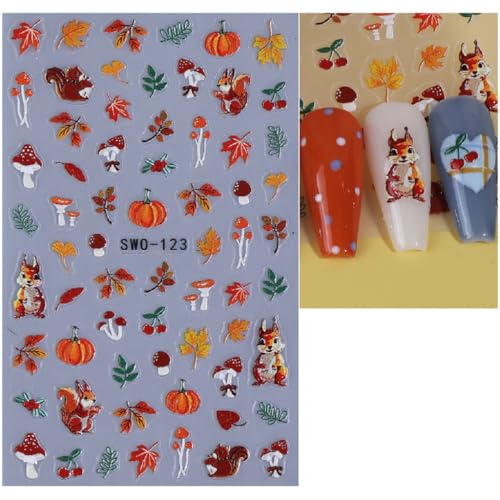 Halloween & Autumn Nail Art Stickers - Self-Adhesive Spider Web Pumpkin Ghost Leaves - 8 Sheets, Orange