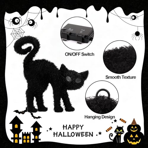 Black Cat Silhouette Halloween Decor with Glowing Green Eyes & Timer - Indoor Feline Accent
