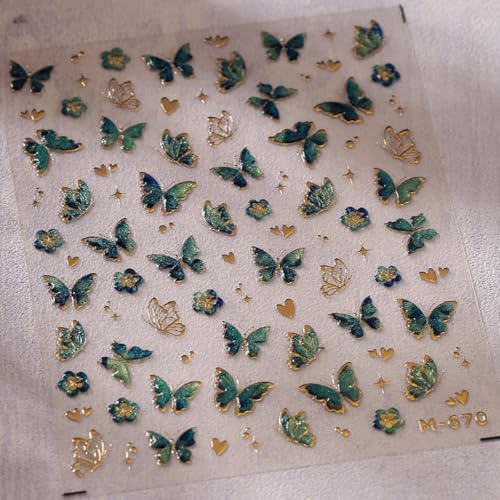 Butterfly Nail Stickers-4 Self-Adhesive 3D Embossed Green Gold Butterfly Designs