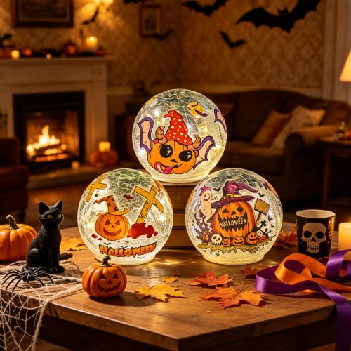 Halloween Crackle Glass Pumpkin LED Globe Lights - Battery Operated, 6H Timer, Orange Pumpkin Variation