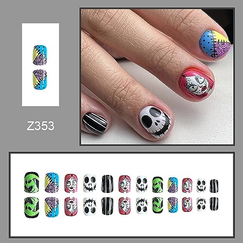 Halloween Short Press-On Nails with Witch Patch & Scary Face Design - Style14, 24pcs