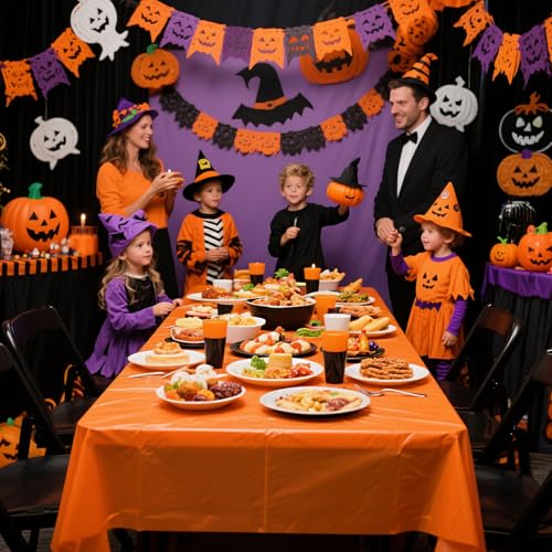 Orange Plastic Tablecloth 3 Pack - 54 x 108 Inch Disposable Rectangle Cover B01