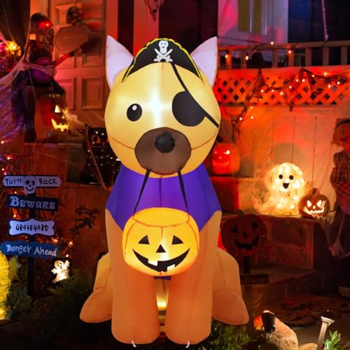 Halloween Inflatable Dog with LED Lights - Pirate Yard Decoration for Outdoor Lawn