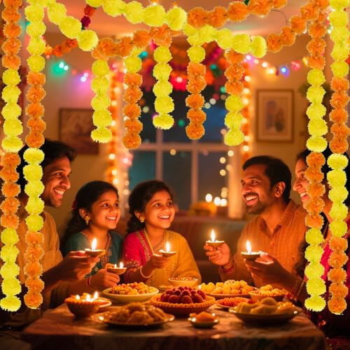 Artificial Marigold Flower Garland 6 Pack - 5 Feet Yellow & Orange for Wedding Diwali Pooja Decor