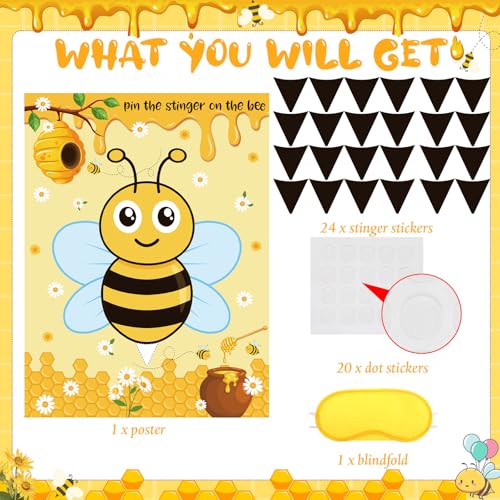 Bee Party Decorations Kit - Pin the Stinger on the Bee Game Set with Poster, Stickers & Mask - Bee Variation