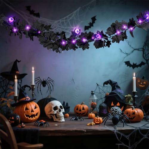 6FT Black Maple Leaves Halloween Garland with 20 LED Purple Lights